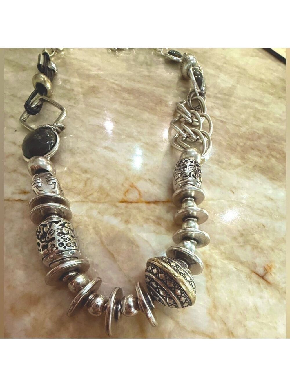 Bohemian Silver and Black Charm Necklace Extra Long, can be doubled up.